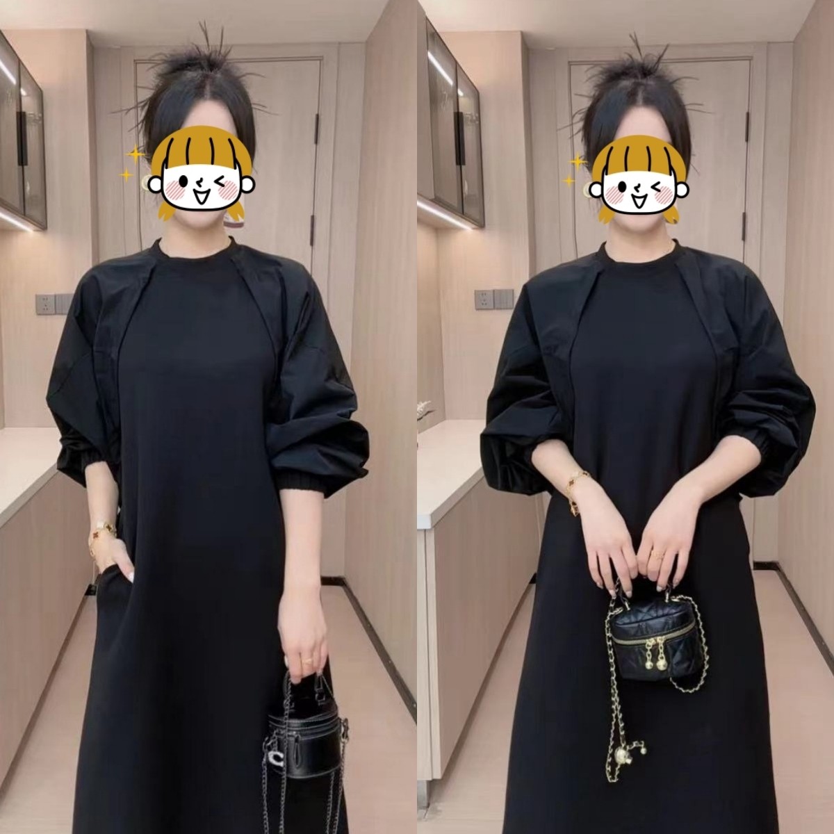 2025春秋新款欧货假两件拼接连衣裙设计感大码宽松显瘦中长款裙子