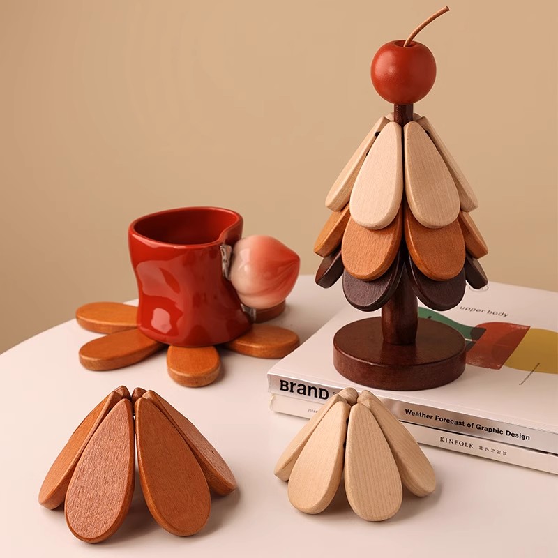 圣诞树隔热垫创意餐垫桌杯垫实木防烫耐高温锅垫餐边柜摆件装饰品