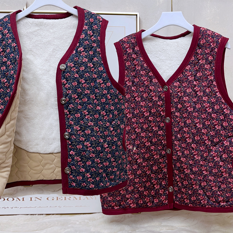 老人加厚护背马夹棉衣中老年加绒碎花女马甲加绒开衫大码保暖背心