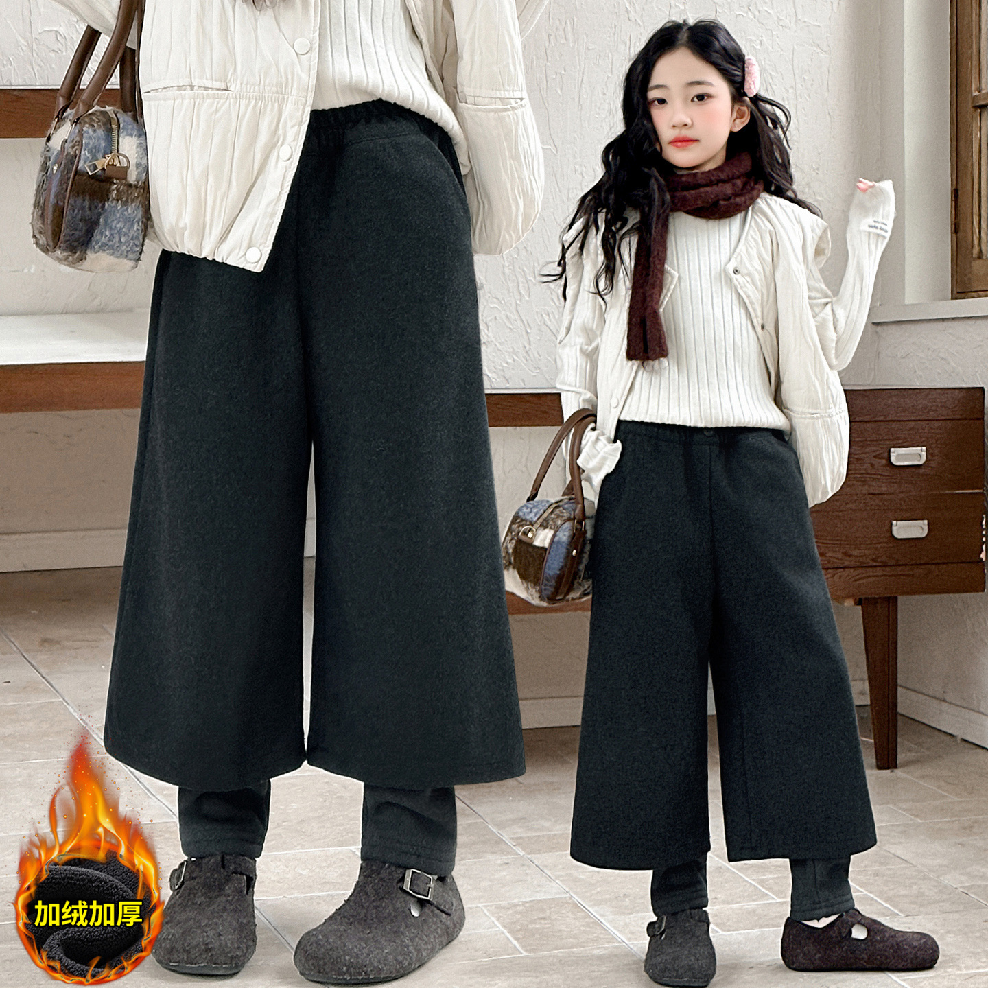 直筒裤冬装秋冬季棉裤保暖儿童服装女童加绒毛呢裤2025秋冬新款大