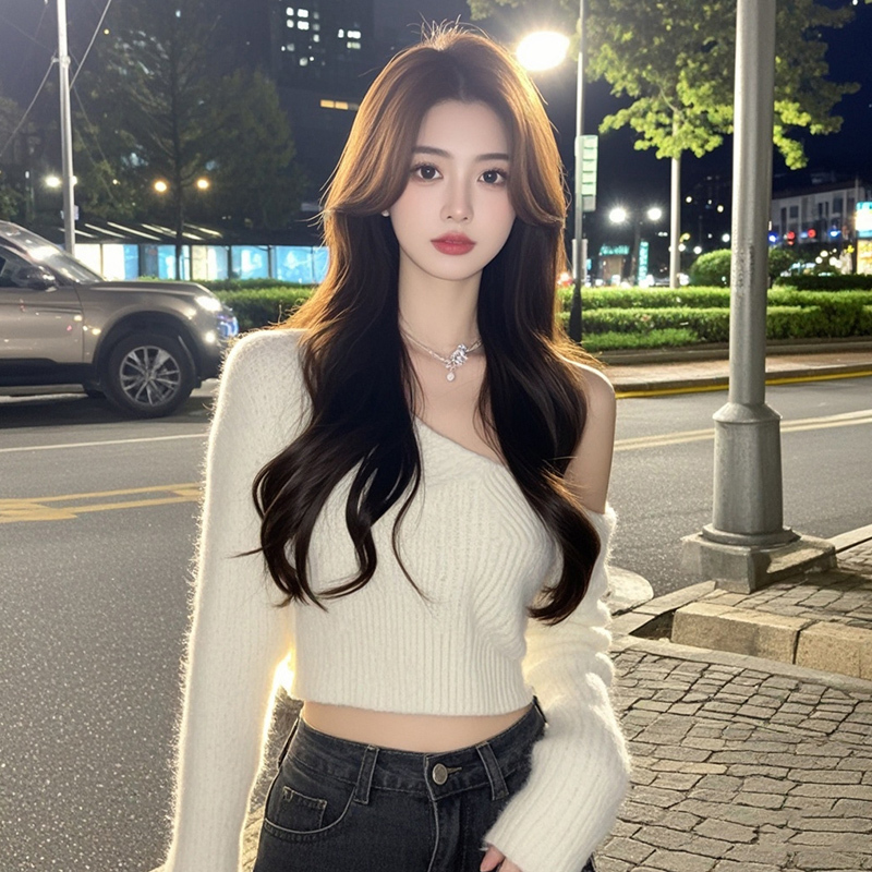 性感辣妹风斜领露肩长袖针织毛衣女纯欲气质修身显瘦短款露脐上衣