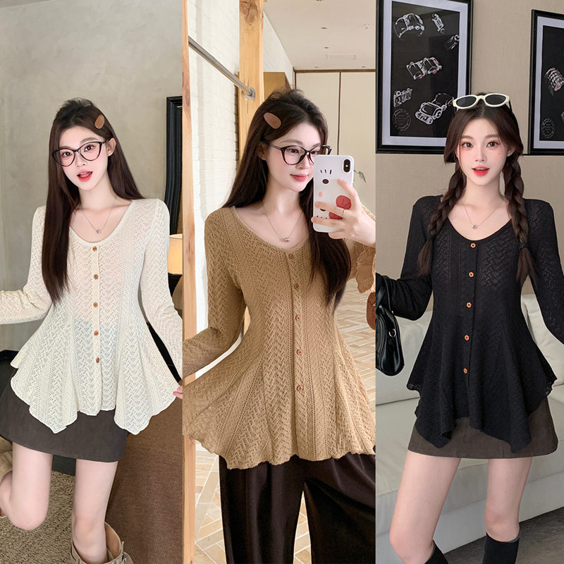 TJ102专享大码女装2025秋季喇叭袖不规则下摆收腰修身长袖针织衫