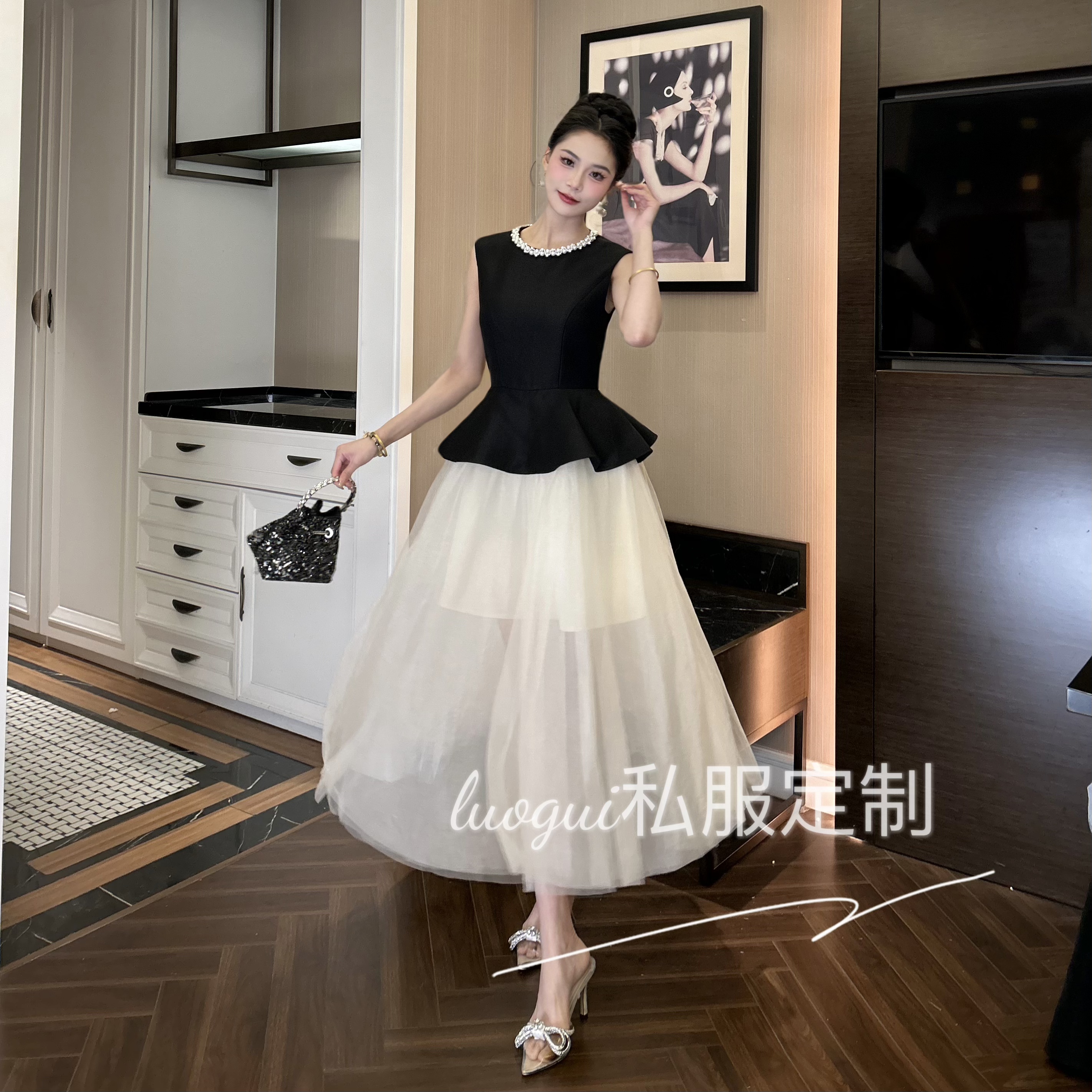 【花花原创】显瘦气质时尚法式拼接轻奢收腰中长款名媛连衣裙 9012