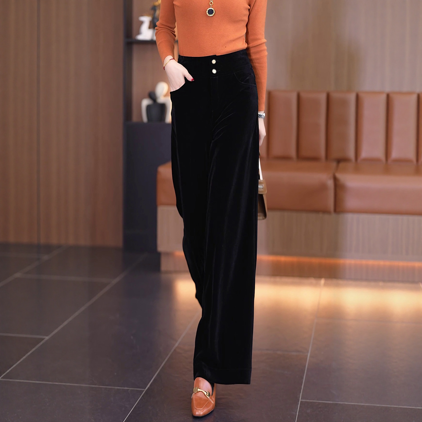 老钱风丝绒裤子女秋冬季2025新款加厚黑色阔腿裤高腰垂感显瘦长裤