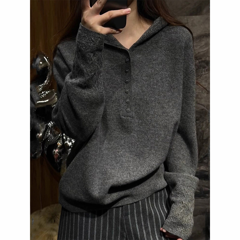 灰色连帽针织衫女士秋冬慵懒风宽松显瘦洋气减龄加厚打底毛衣上衣