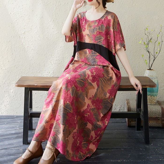 民族风小清新复古棉麻透气长裙文艺大码时尚拼接设计感大摆连衣裙