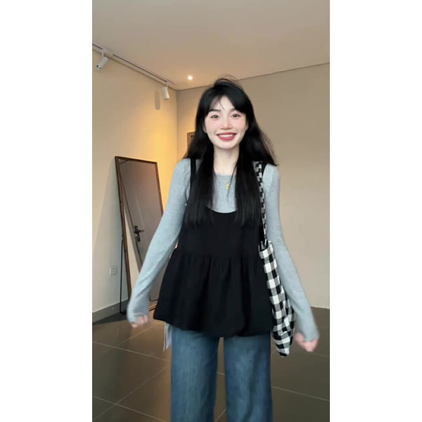 韩系2025早秋新款时尚百搭圆领长袖T恤上衣叠穿黑色吊带裤子套装