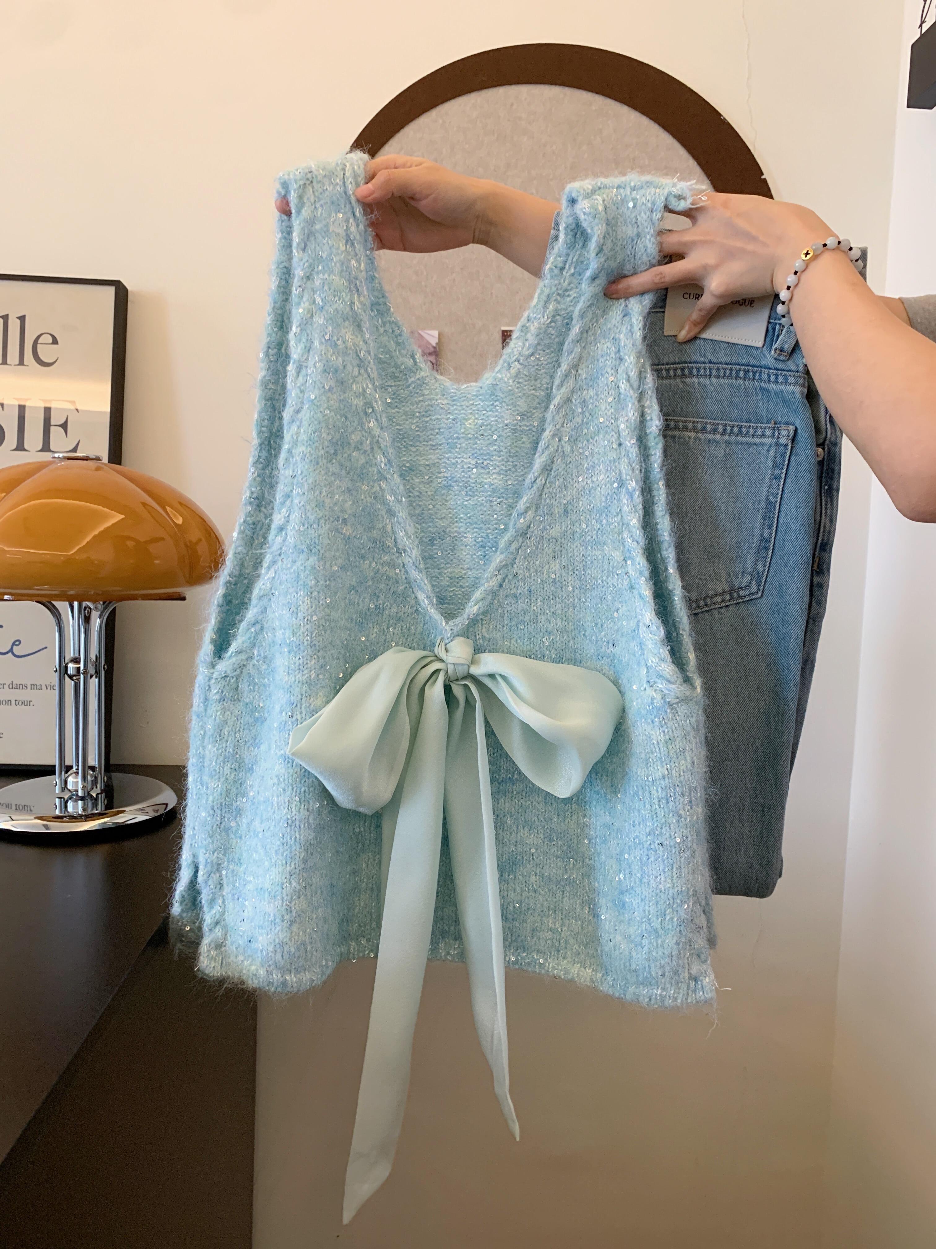 韩系蝴蝶结V领绑带针织马甲女秋冬新款叠穿高级感氛围感背心上衣