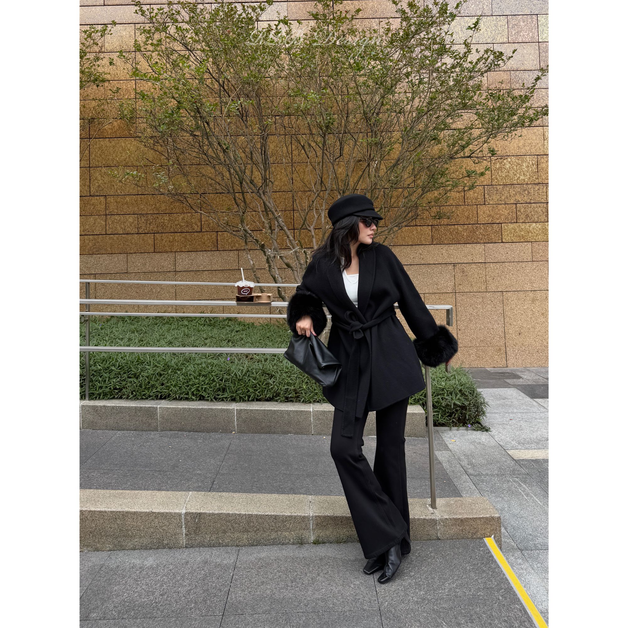 RRB Design 修身显瘦狐狸毛拼袖系带厚实轻奢羊毛双面呢外套