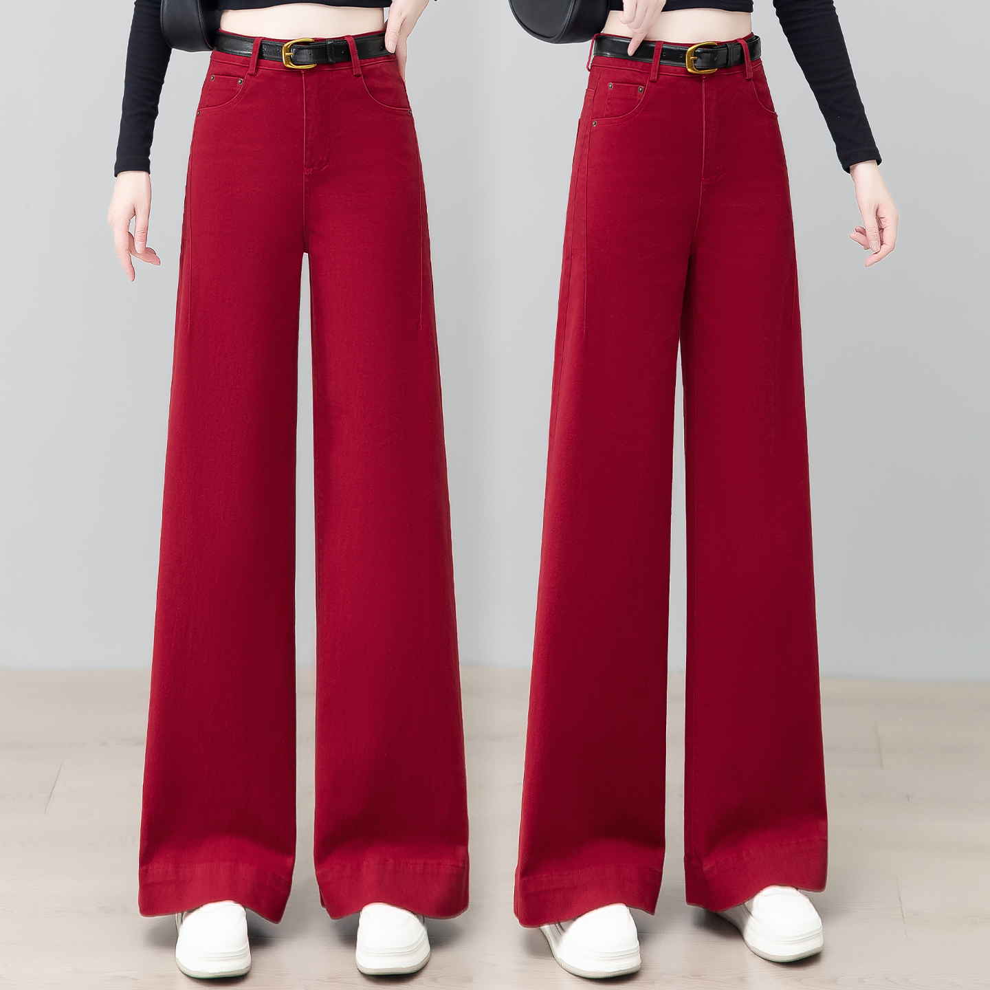 红色牛仔阔腿裤女2025新款秋季高腰宽松垂感休闲百搭直筒拖地裤子