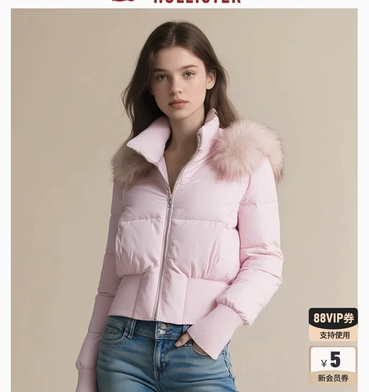 Hollister25秋冬新款美式Y2K辣妹毛领连帽棉服外套女装344-5063