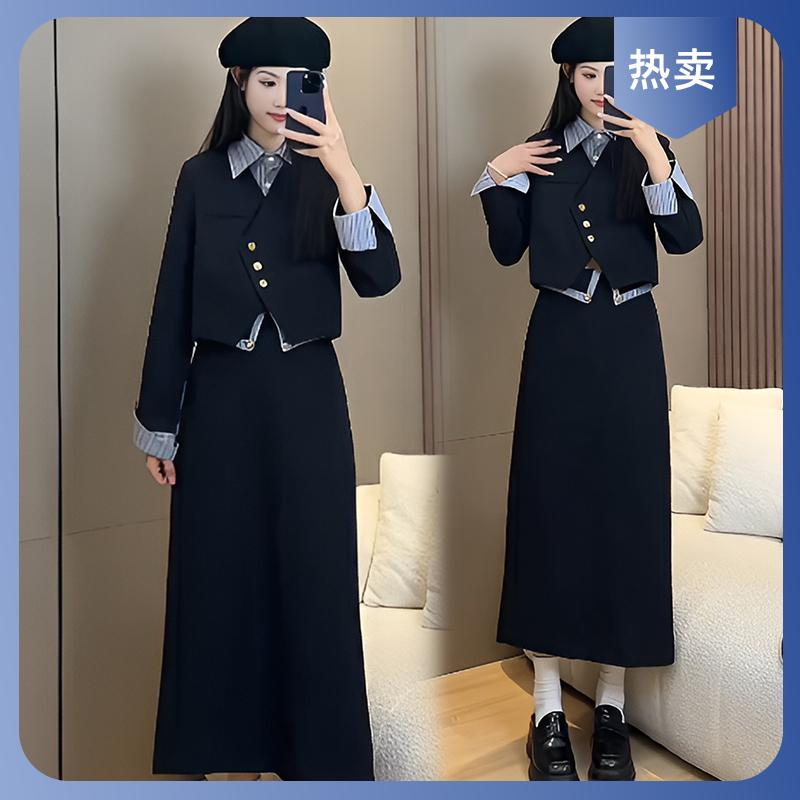 灰色假两件时尚套装女2025新款法式显瘦气质设计感半身裙两件套