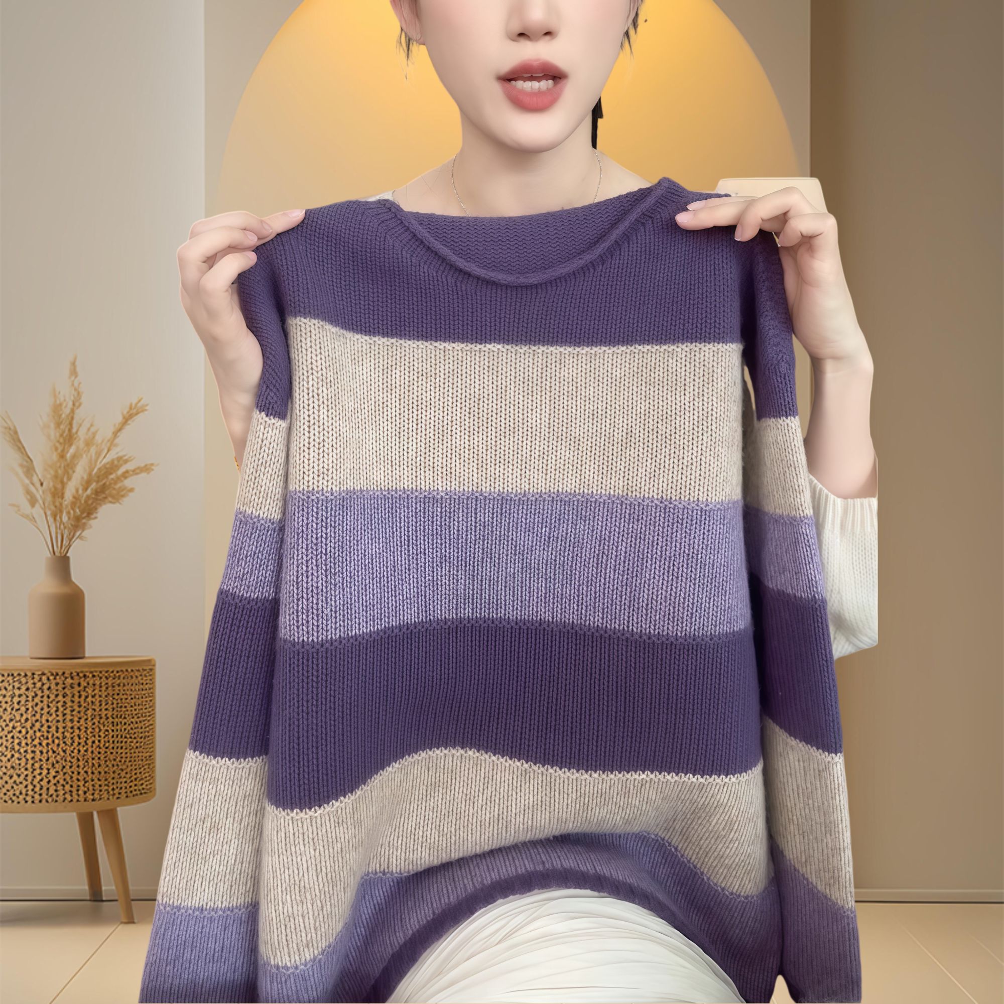 2026女装禅意仙气飘飘紫色条纹毛衣显瘦圆领长袖针织衫上衣女宽松
