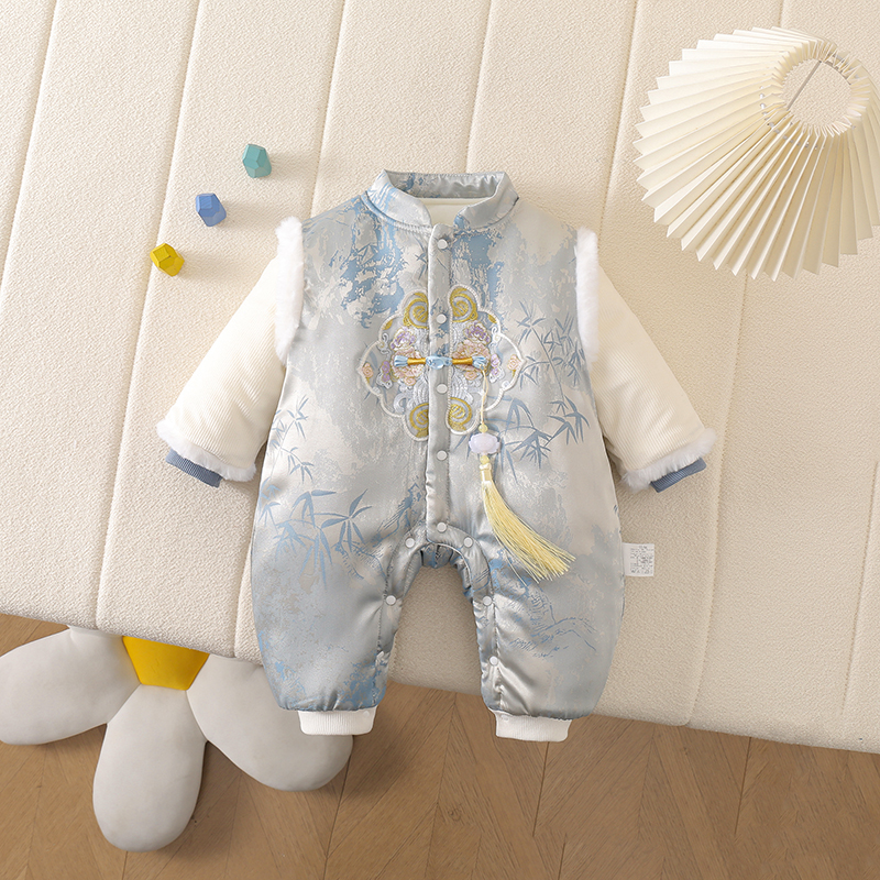 展示亲肤印染图案弹力妈妈秋冬新款2025宝宝连体衣国风棉哈衣中