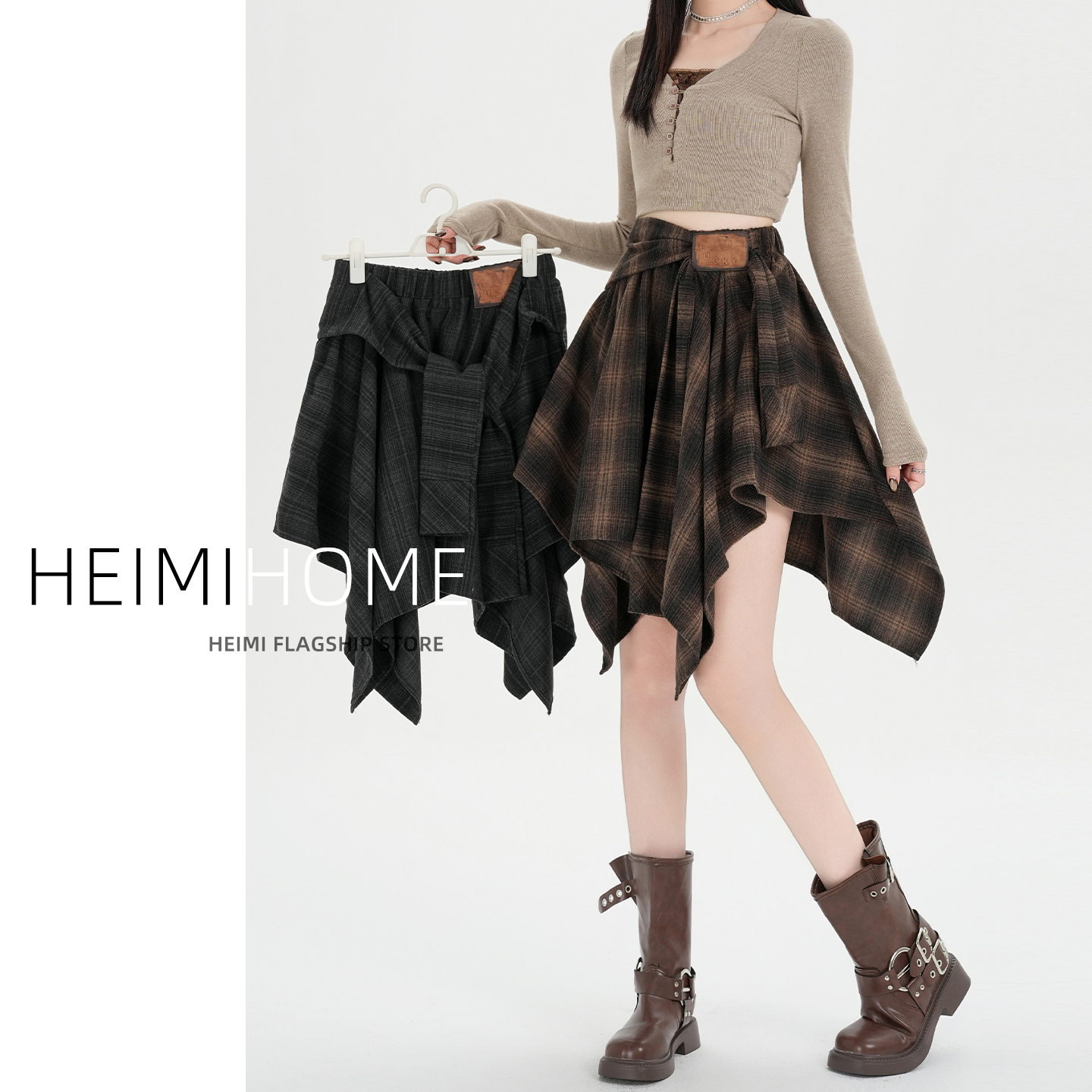 复古不规则裙摆咖色半身裙女春秋绑带a字短裙小个子磨毛格子裙