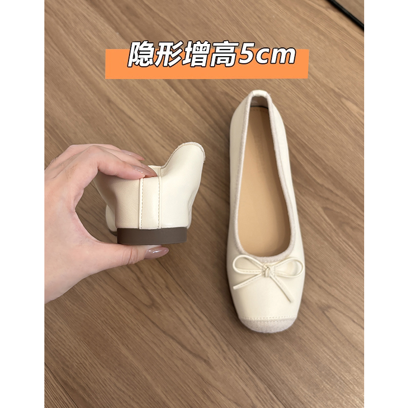 流光风~真皮玛丽珍鞋女杏色小个子内增高芭蕾杏色内增高玛丽珍鞋