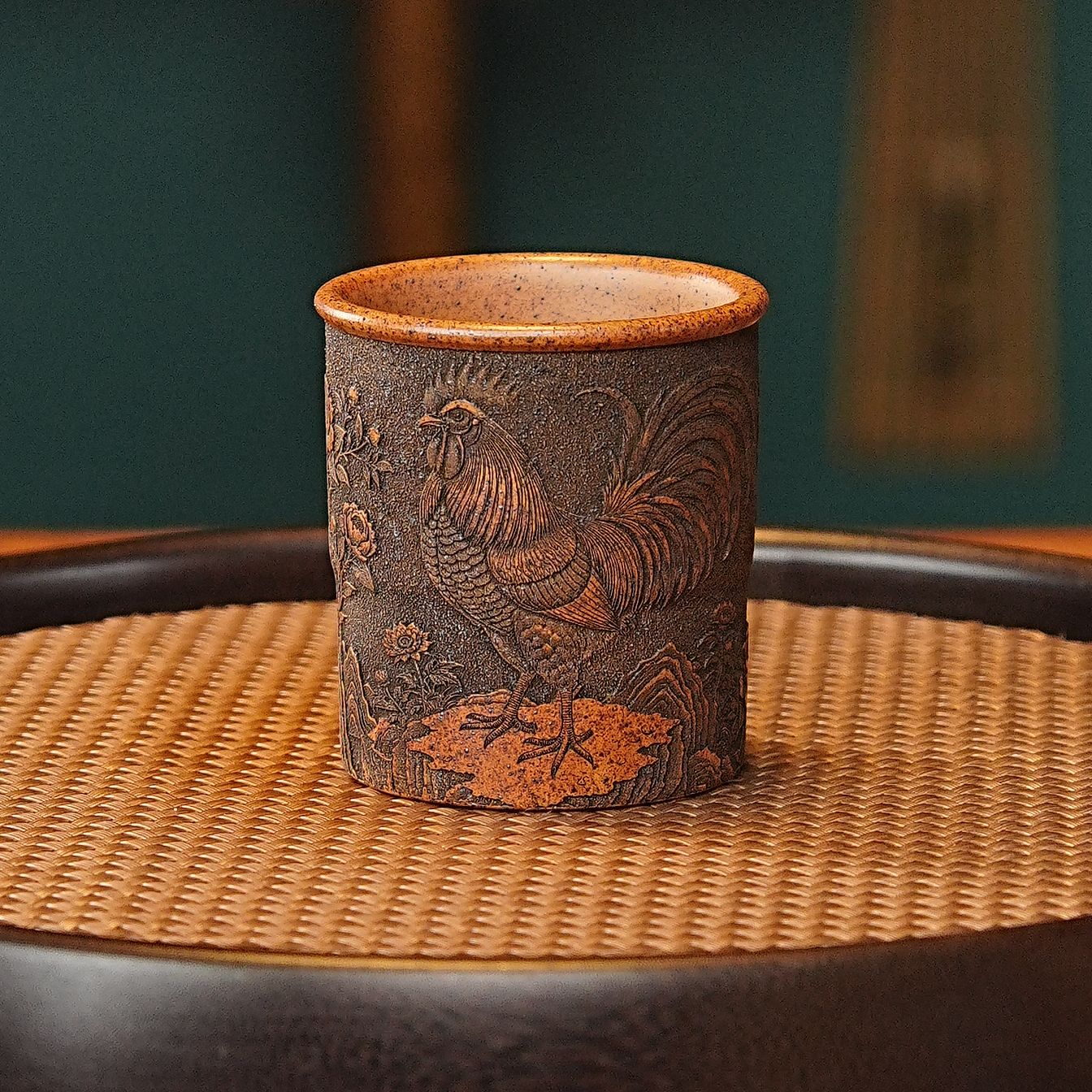 宜兴全手工紫砂茶具 原矿龙骨金砂泥料刻绘金鸡报喜主人杯品茗杯