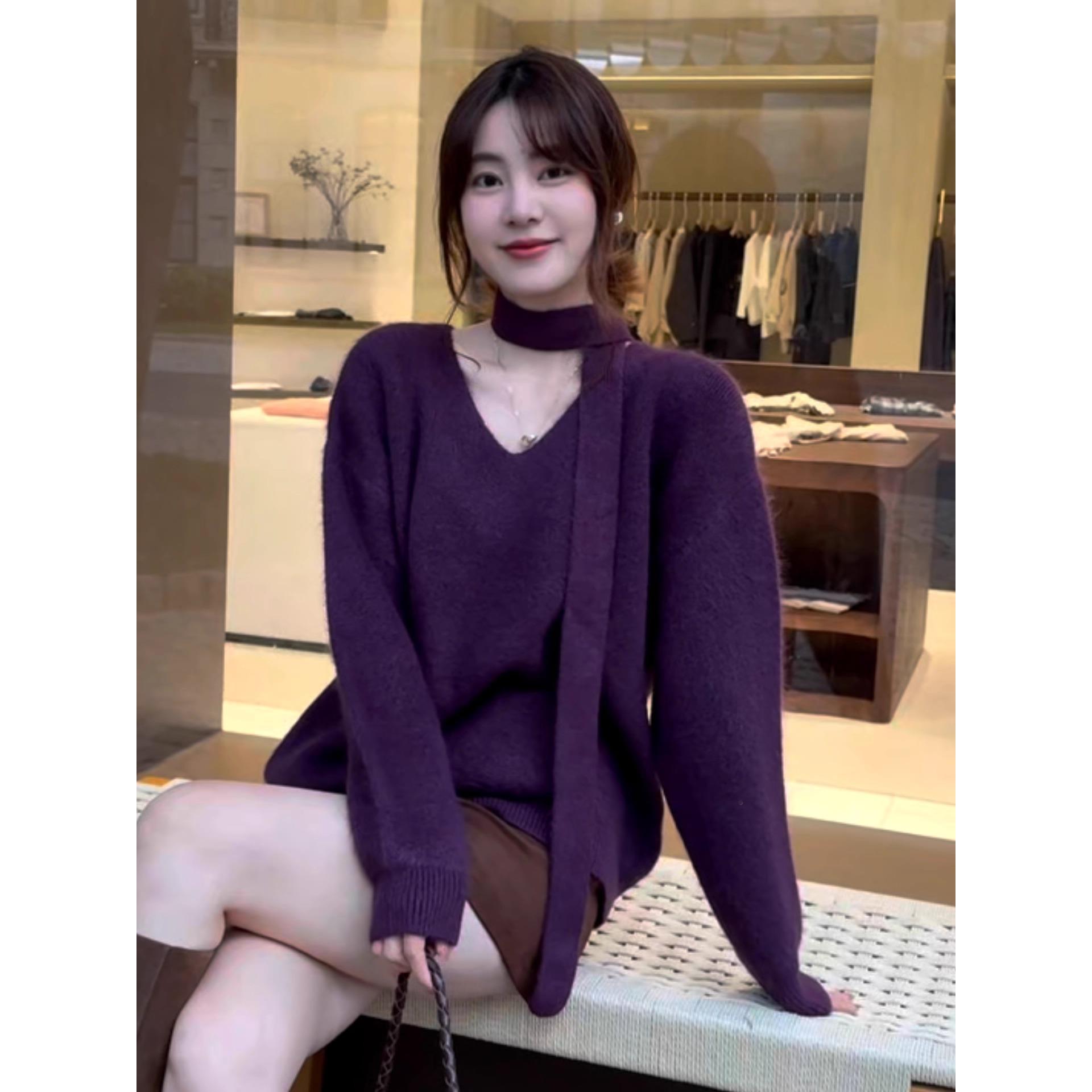 慵懒风V领挂脖飘带长袖针织衫女秋冬新款软糯休闲百搭长袖毛衣ins