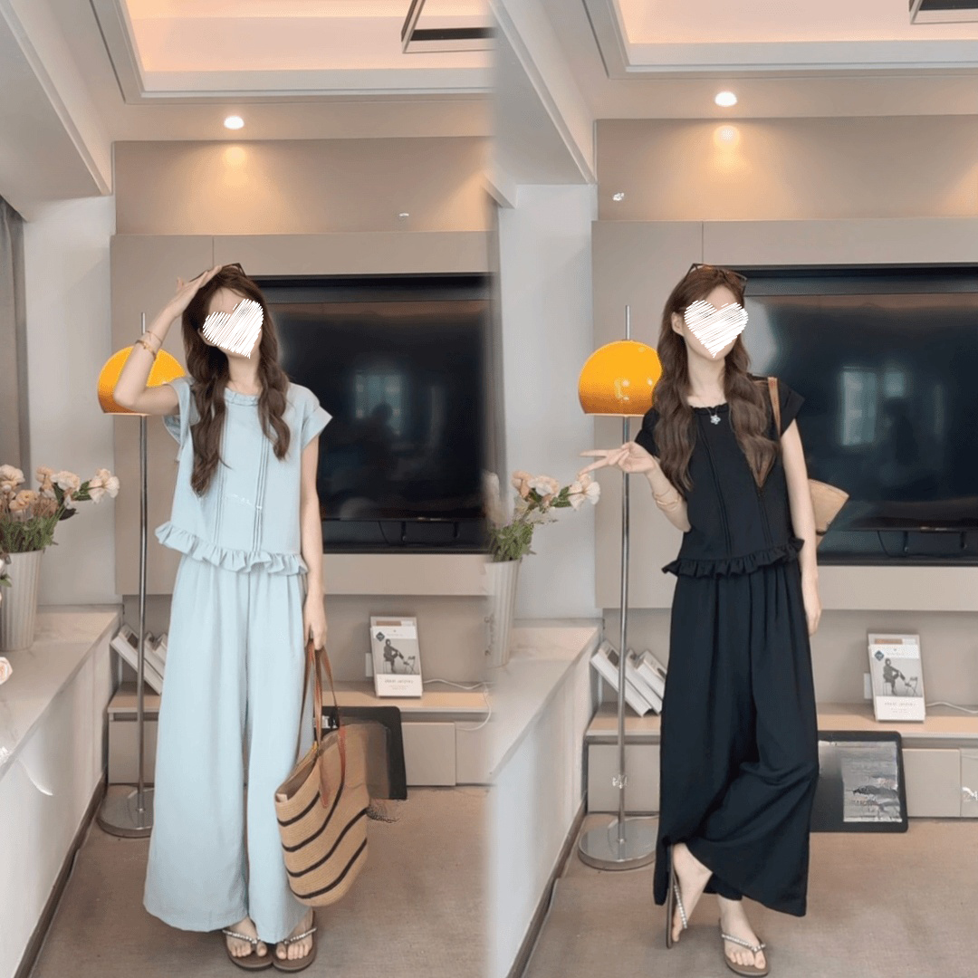 韩系大码微胖夏季新款显瘦套装2025年夏季减龄木耳边女装套装