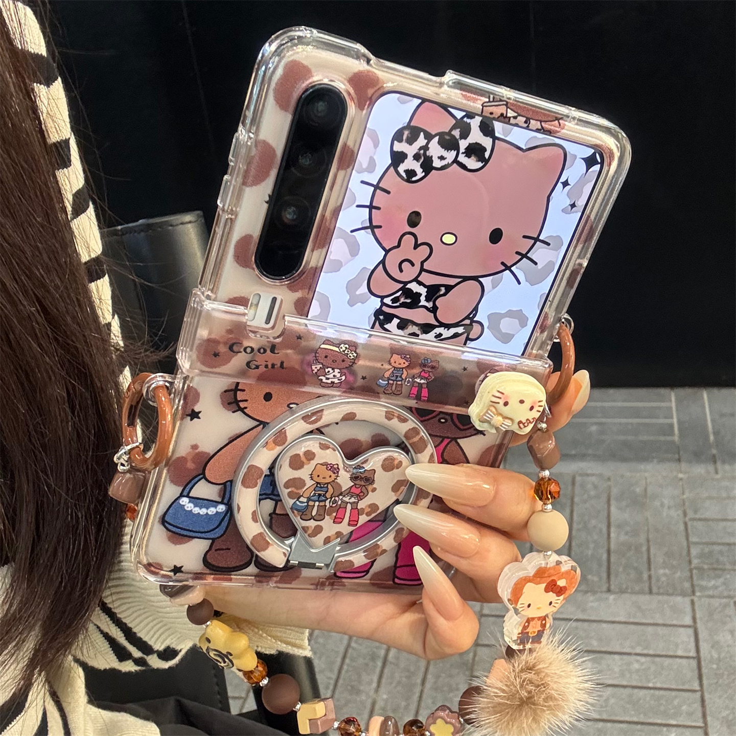 适用华为purax典藏版手机壳棕色豹纹kt猫pocket2折叠磁吸支架链条