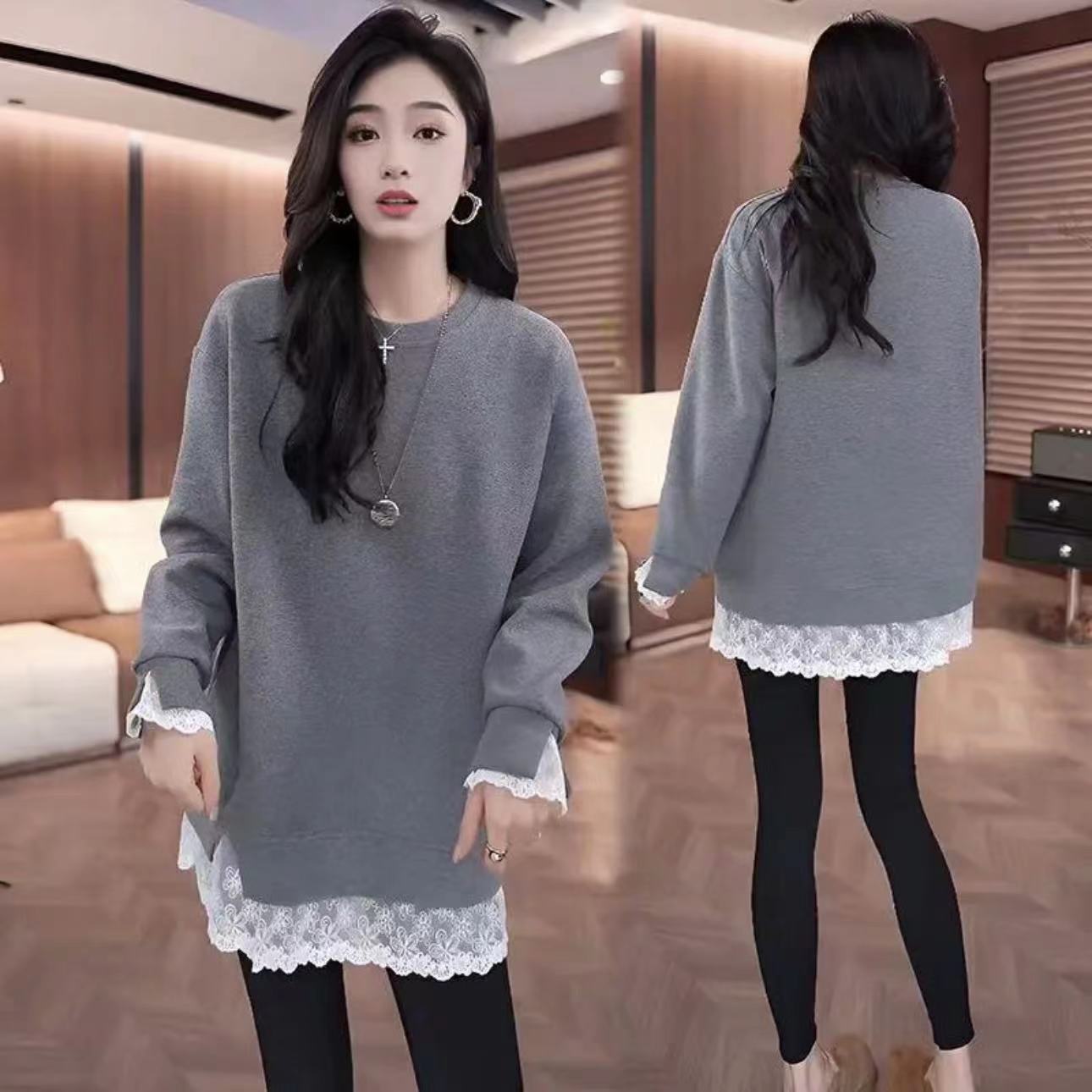 2025秋冬新款假两件蕾丝拼接打底上衣女显瘦长袖百搭8296