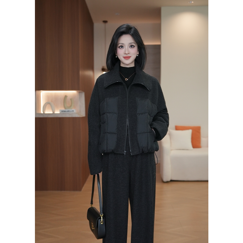 韩系休闲大翻领棉服女款套装2025年冬季新款小个子宽松两件套秋冬