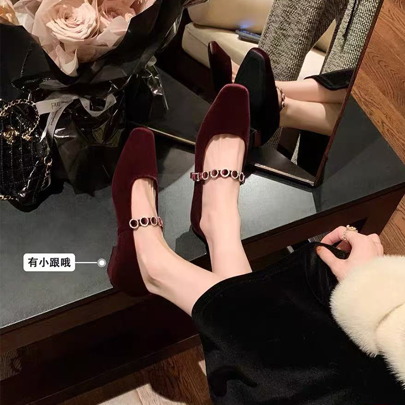 法式玛丽珍水钻气质单鞋方头新款复古粗跟金丝绒鞋子女款浅口百搭