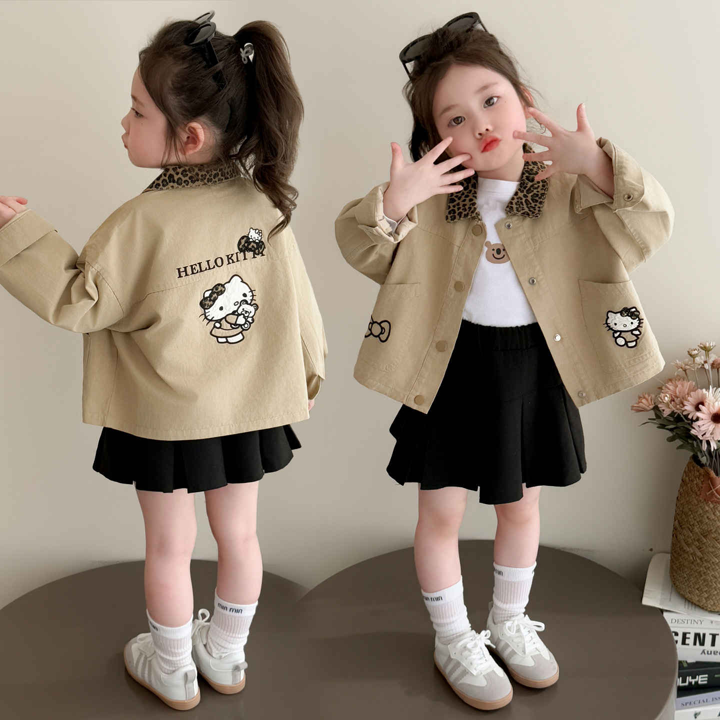 女童外套春秋2025新款儿童韩版时尚豹纹翻领猫咪印花开衫秋装上衣