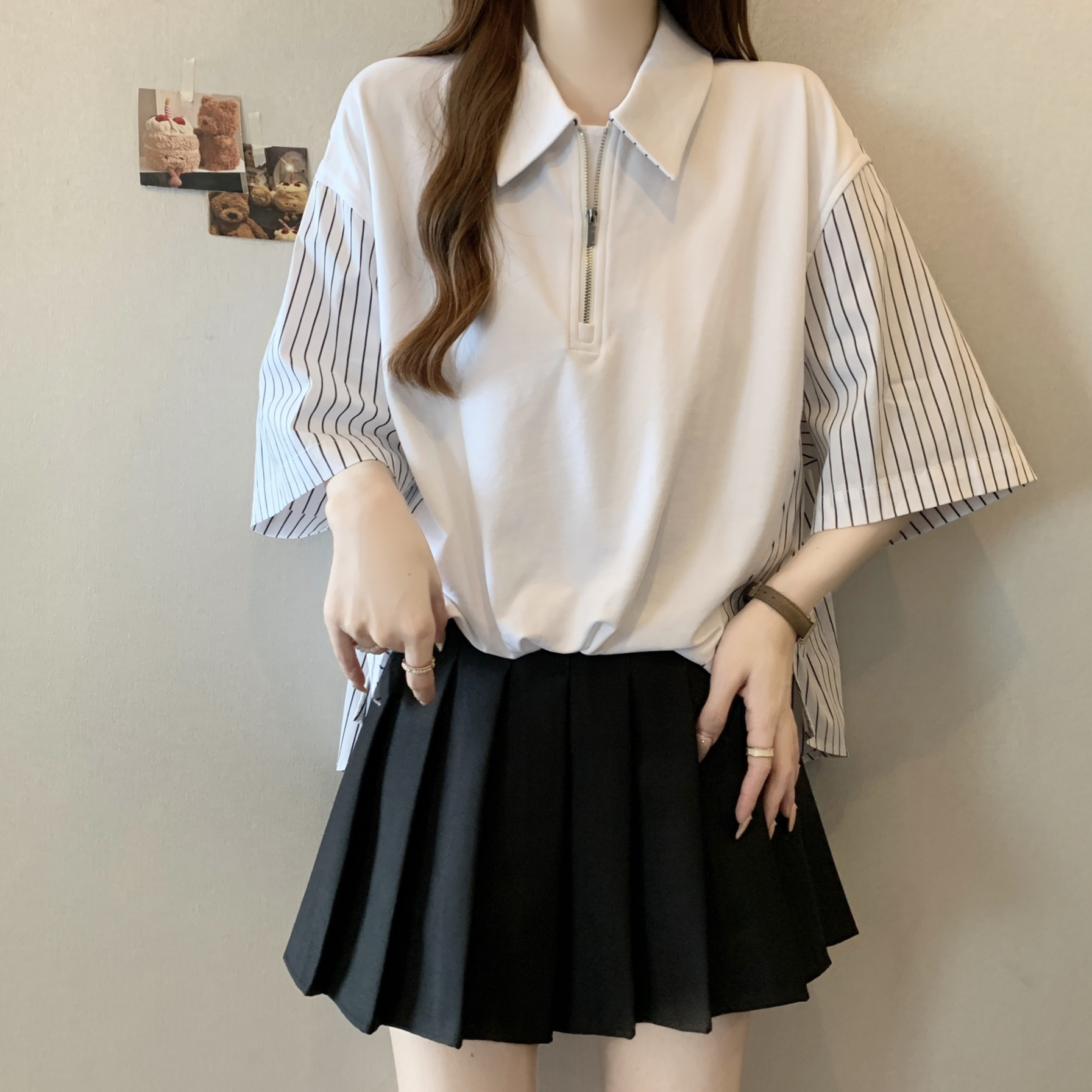 大码女装韩版条纹拼接遮肚子短袖衬衫女夏季胖mm宽松显瘦百搭上衣