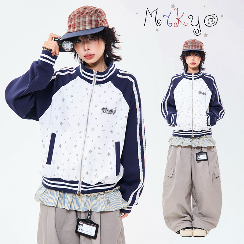 MIKYO 美式复古星星拼接开衫卫衣外套女秋季宽松拼接立领夹克上衣