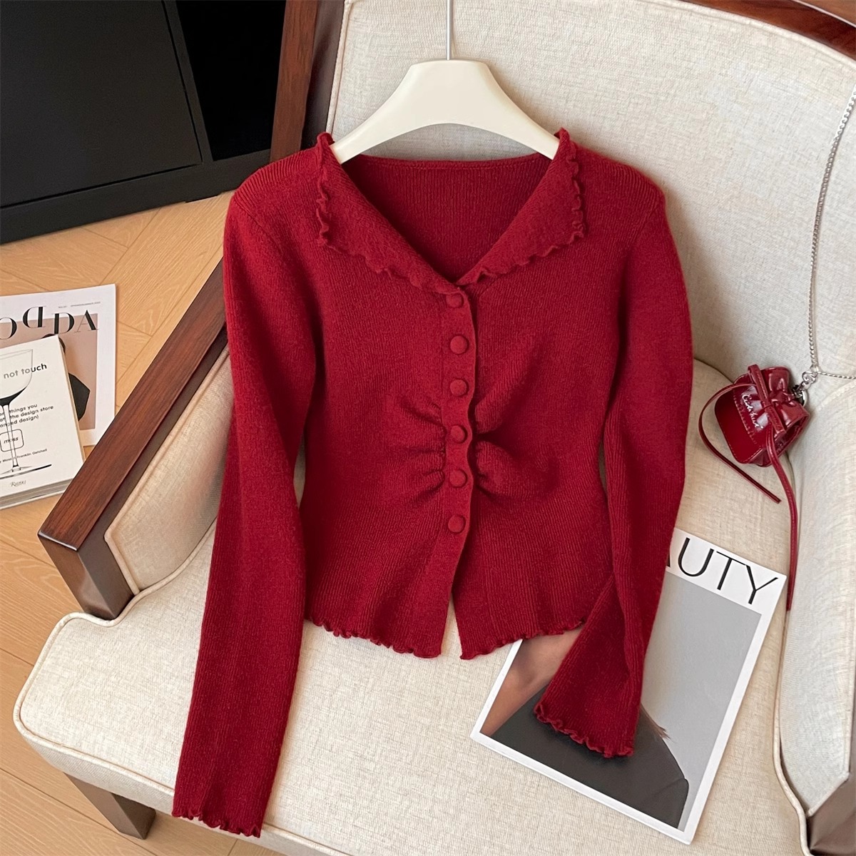 洋气褶皱针织开衫女早秋冬2026新款显瘦木耳边长袖短款上衣E4-43