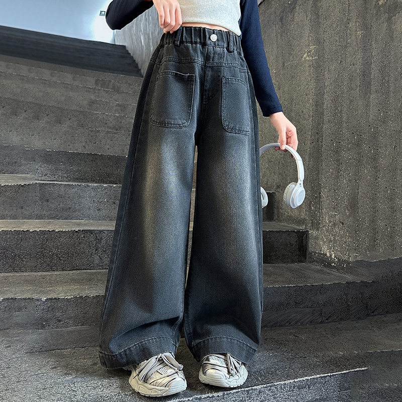 女童牛仔阔腿裤春秋款2025新款洋气儿童秋季长裤女孩裤子大童秋装