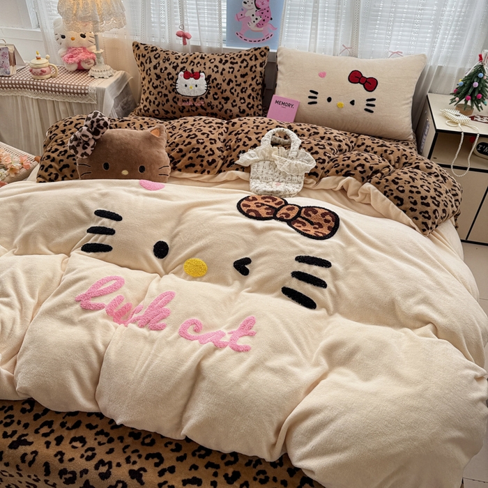 冬季加厚卡通可爱豹纹黑皮kt加厚高克重牛奶绒四件套床品三4件套
