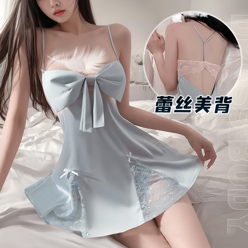 月遥性感吊带甜美蕾丝诱惑冰丝拼接蝴蝶结可掀开盖即食家居服睡裙