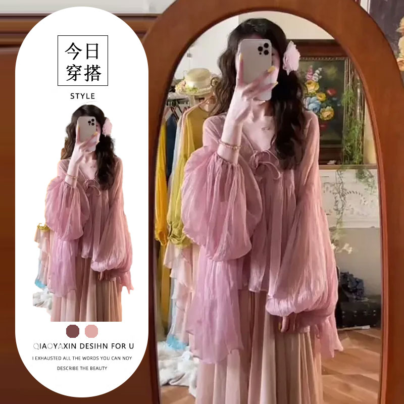 法式独特漂亮初春超仙甜美气质长袖上衣女高腰显瘦休闲唯美半身裙