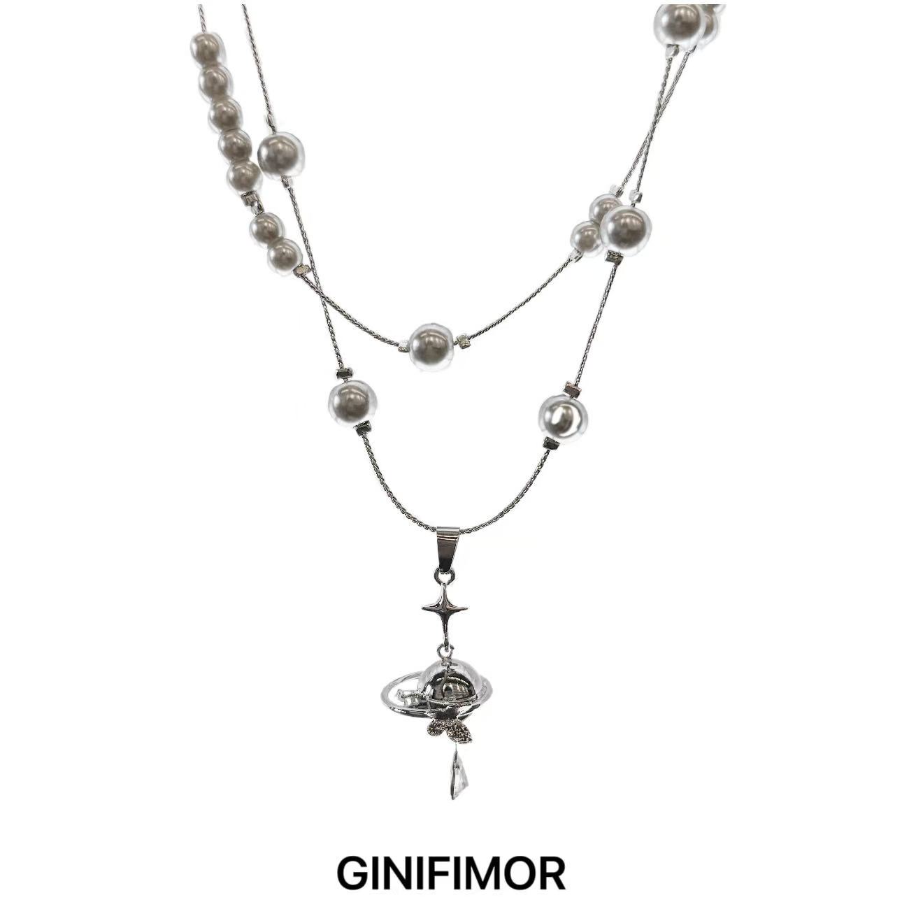 GINIFIMOR 铜合金仿珍珠项链 a630 灰色仿珍珠星球吊坠双层项链女
