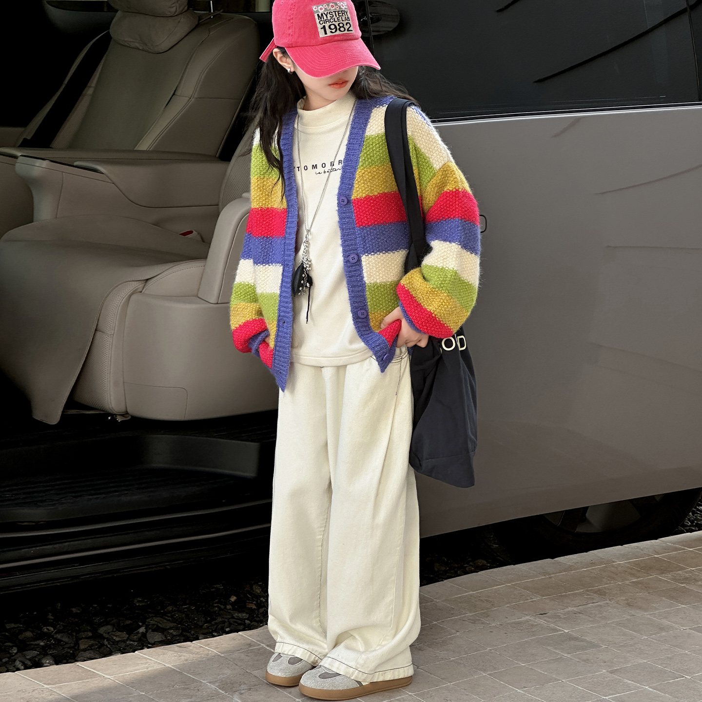 女童秋冬撞色彩虹条纹毛衣2025新款6-12岁15岁慵懒风软糯针织开衫