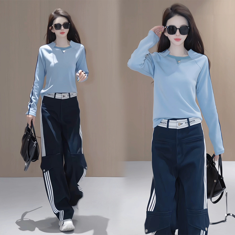 2025秋季时尚显瘦短款撞色长袖t恤三条杠直筒裤休闲松弛感两件套