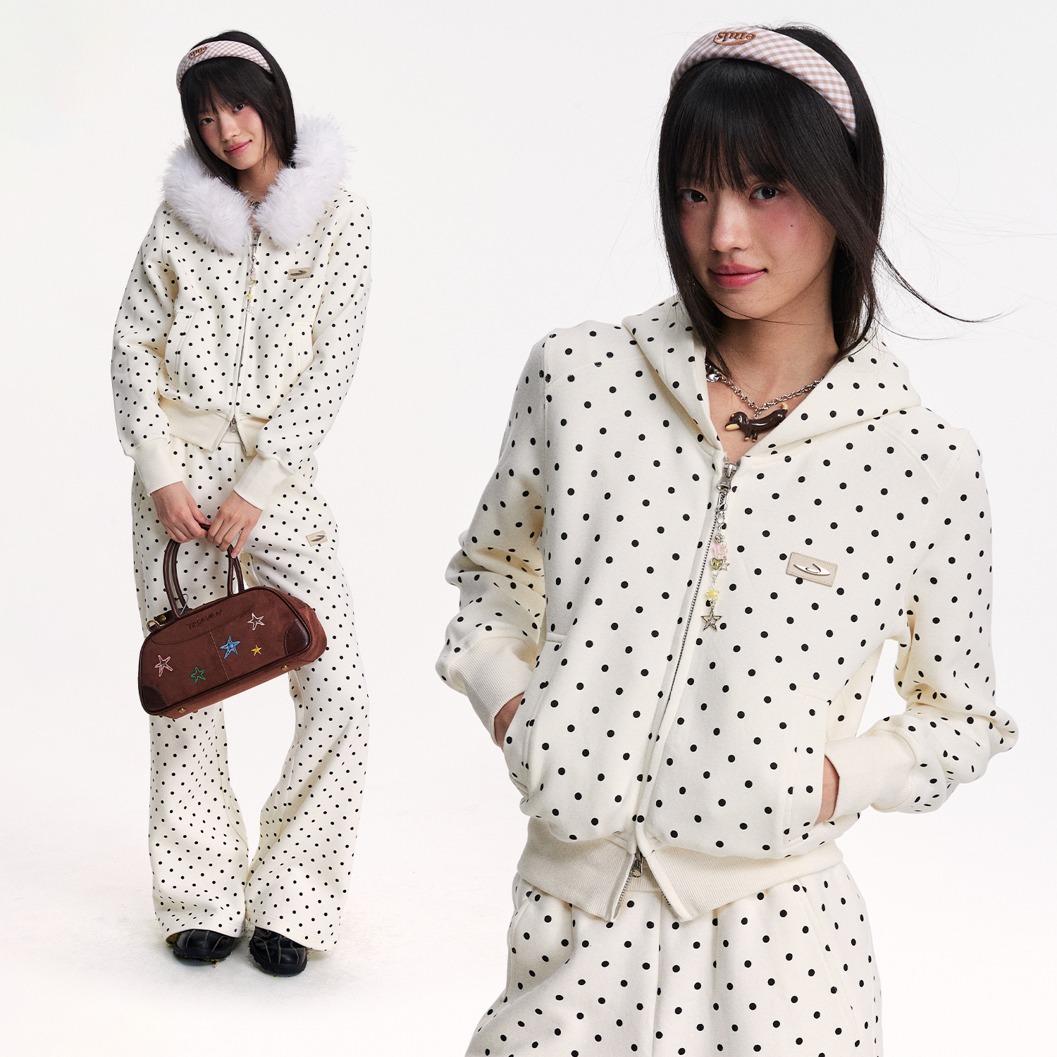 江南先生NewJNXS波点可拆毛领短款修身开衫卫衣时尚休闲百搭外套