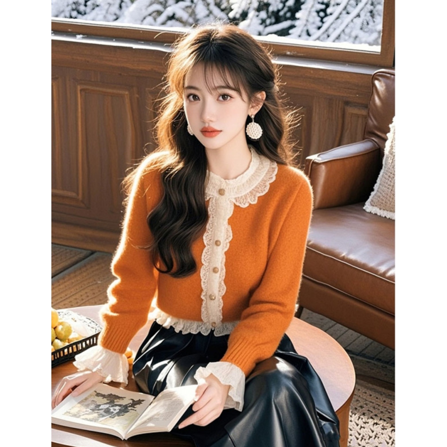 2024冬季今年流行高级感花边拼接超好看减龄显白橙色洋里洋气毛衣