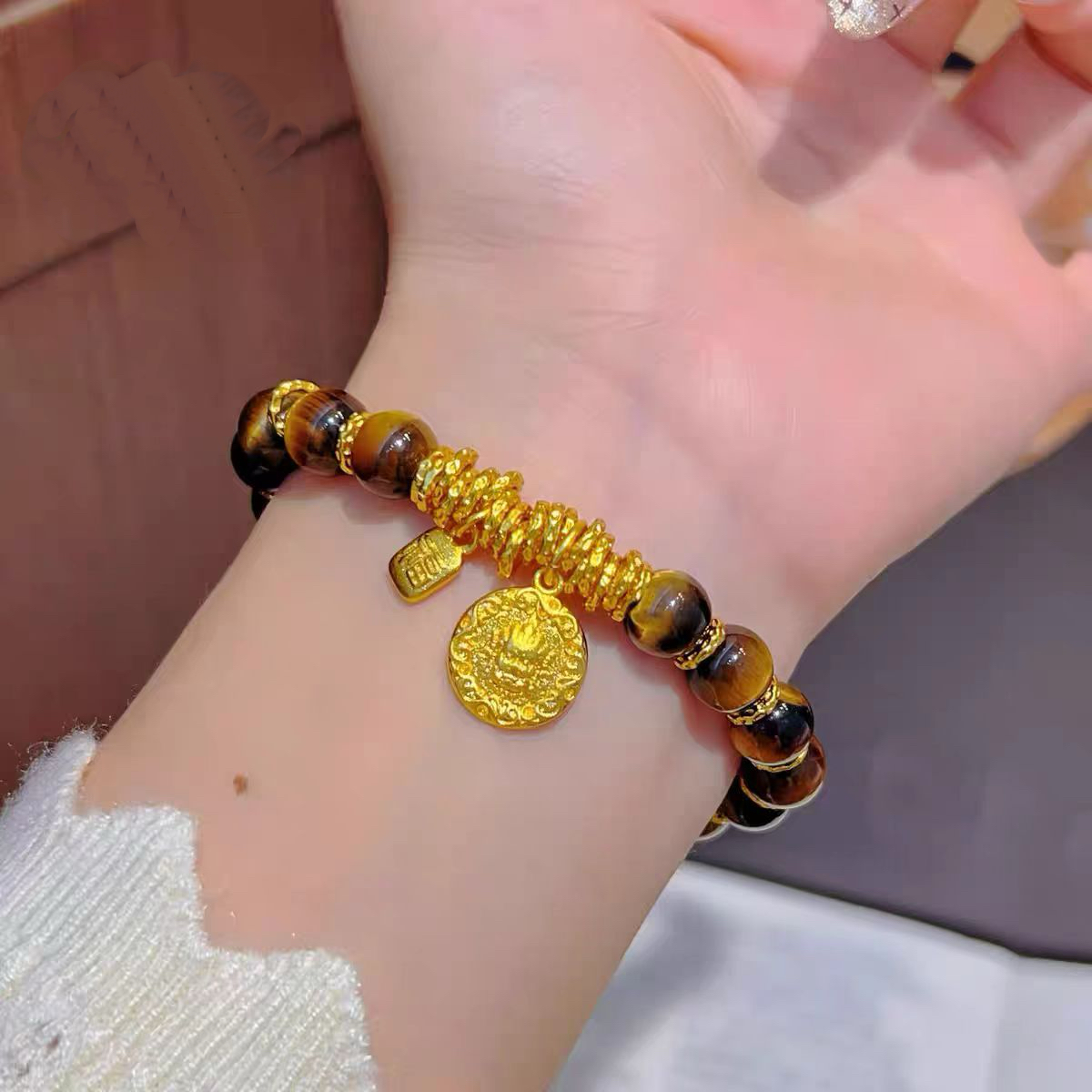 铜合金手链 虎眼珠珠盘缠黄财神手串手工时尚百搭