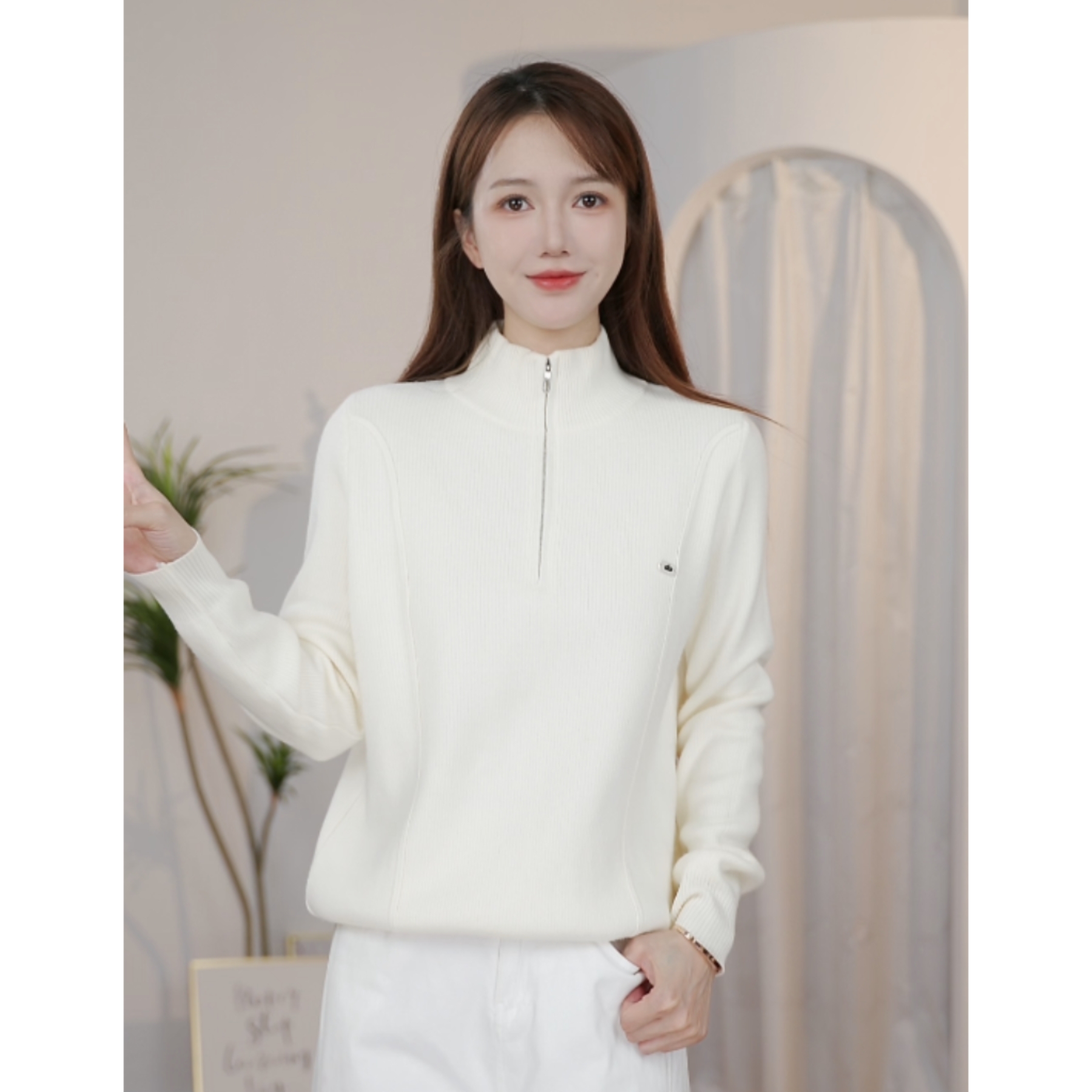 加绒半高领拉链毛衣针织衫女秋冬显瘦打底衫加厚一体绒内搭上衣女