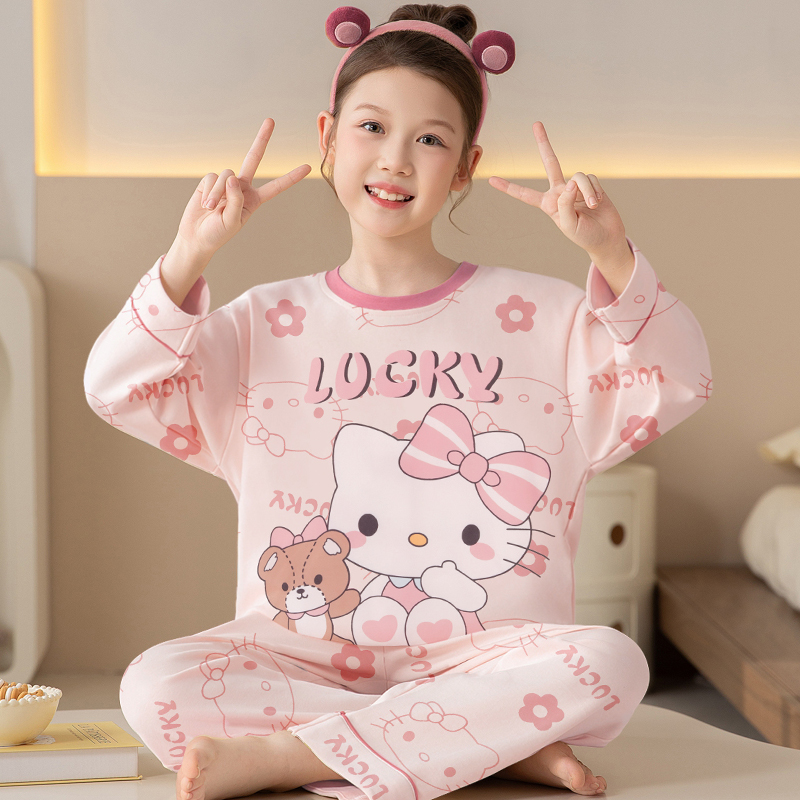 KT猫儿童睡衣女孩春秋季纯棉长袖中大童甜美母女童亲子宝宝家居服