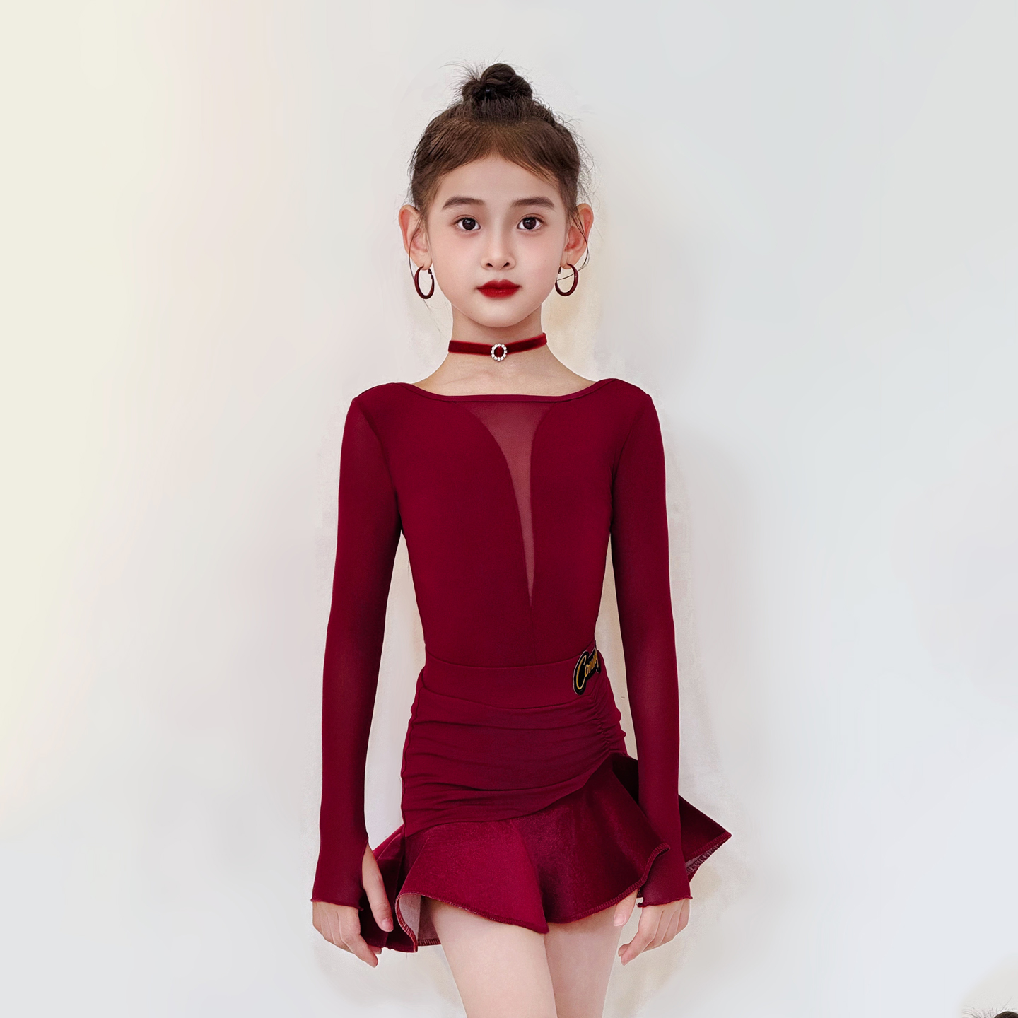 CONNY拉丁舞服套装女儿童日常舞蹈训练功长袖上衣半身裙表演出服