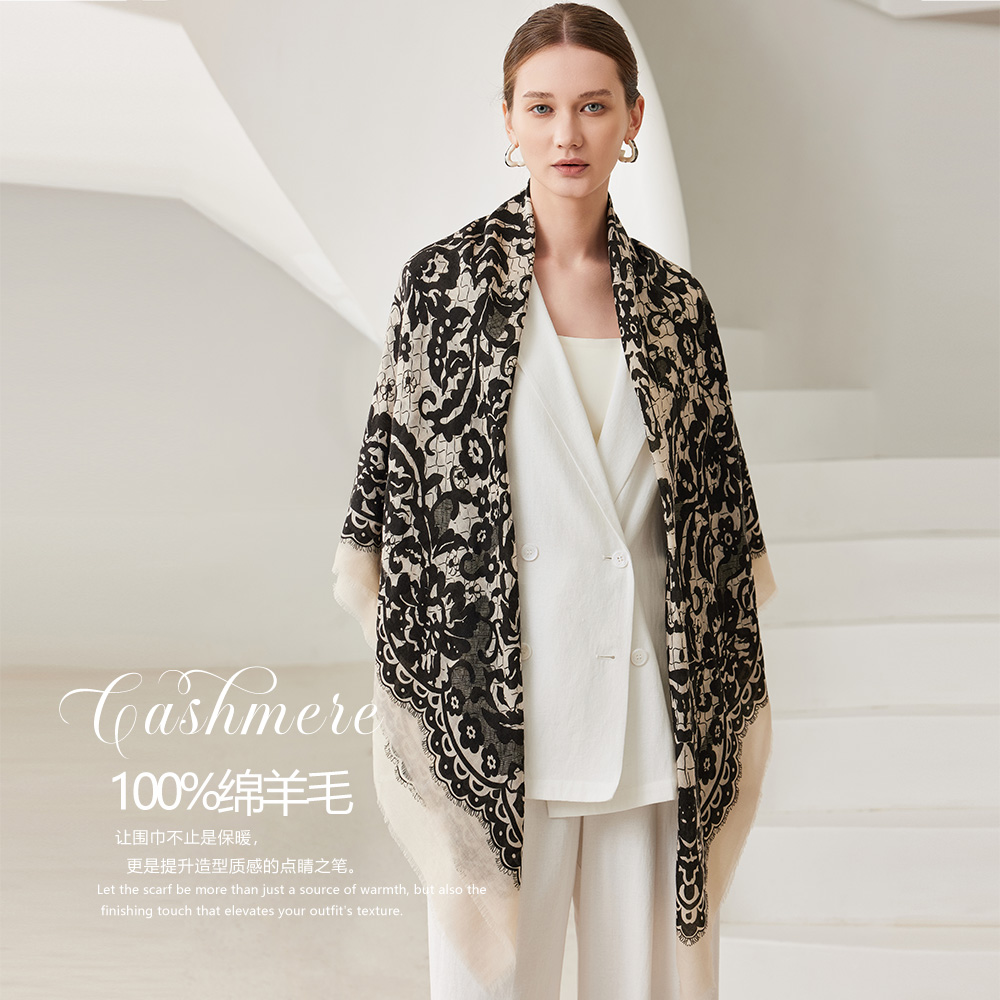 奢凌羊「浮光花影」100%山羊绒法式浪漫优雅时尚保暖女围巾披肩旅游
