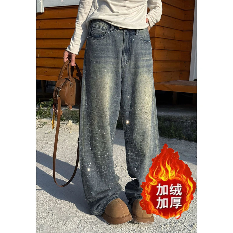 美式气质时尚百搭阔腿裤女2025秋季新款烫钻设计感显瘦垂感牛仔裤