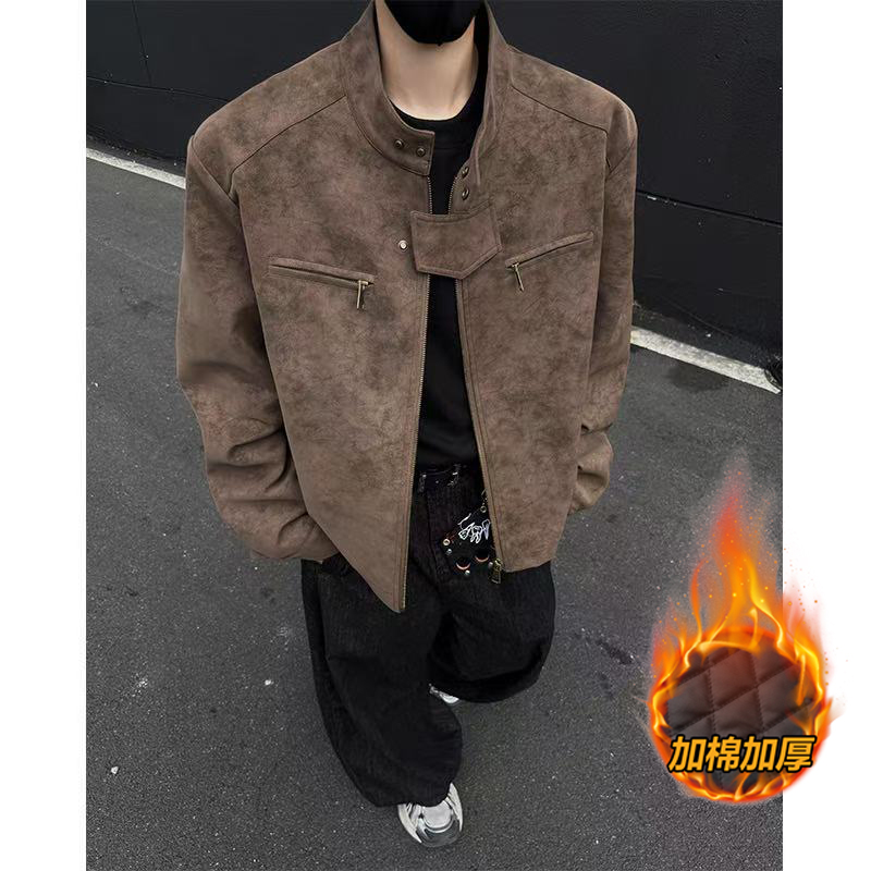 cleanfit扎染正肩皮衣外套男女秋冬立领夹棉加厚夹克美式复古棉服