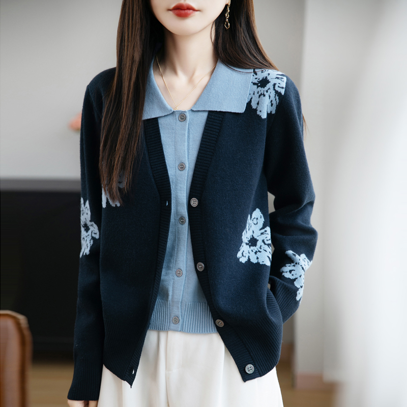 哥弟阿玛施正品秋季时尚百搭宽松雪绒花假两件长袖针织开衫上衣女