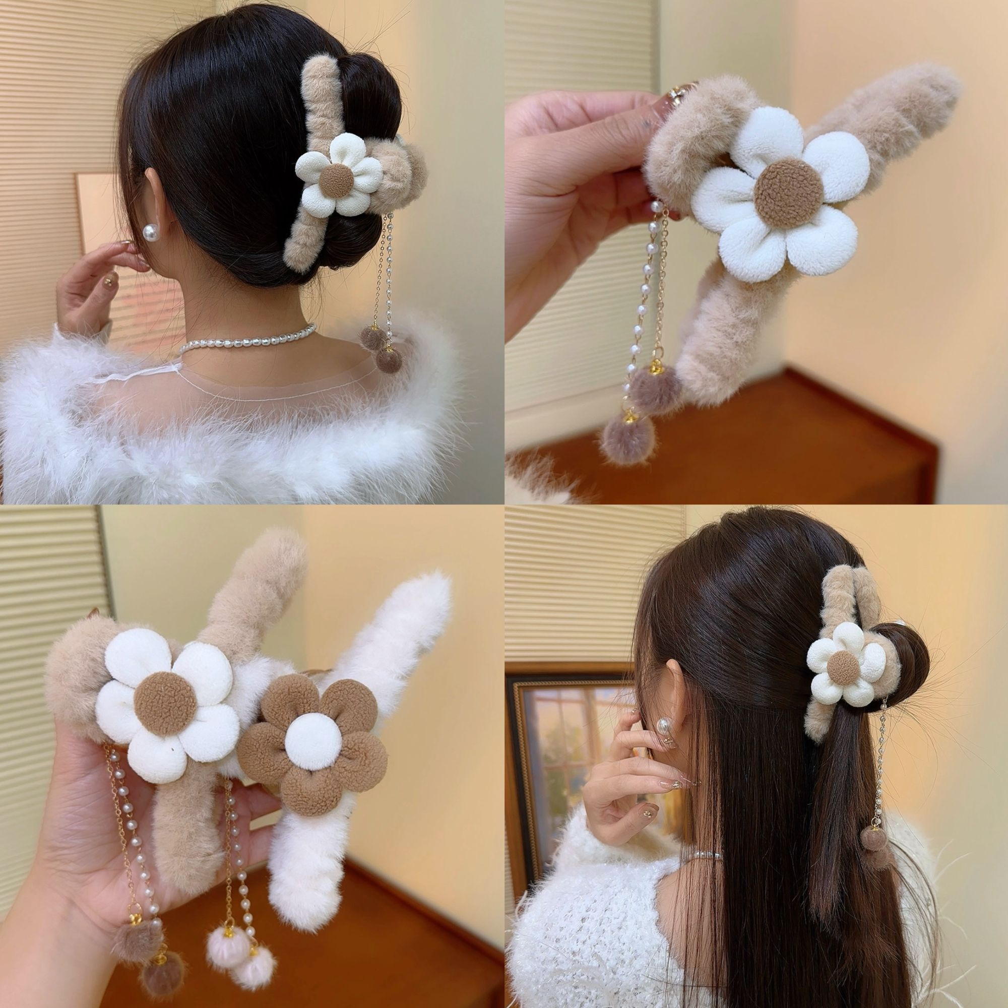 2025秋冬花朵毛绒抓夹流苏款大号后脑勺温柔气质鲨鱼夹发饰发卡