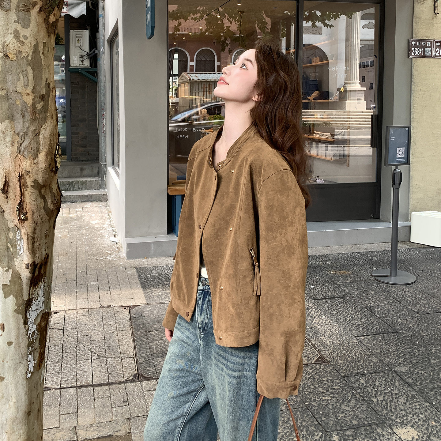 美式休闲风炸街小个子短款外套女2025新款又a又飒圆领机车服夹克